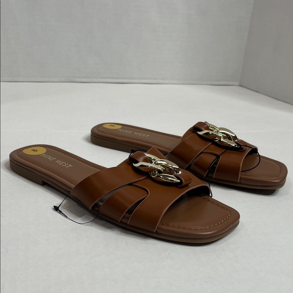 Nine West Tan Slide Sandals with Gold Accent - Picture 2 of 4
